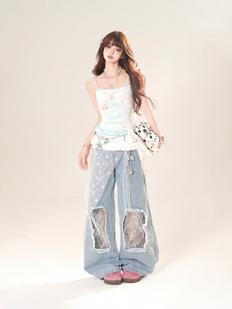 Heart Print Ruffle Trim Cami Top White/Pink