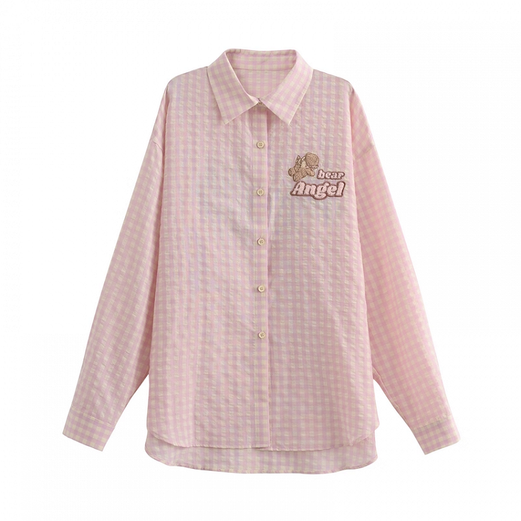 Pink Loose Plaid Shirt Adorable Bear Embroidery