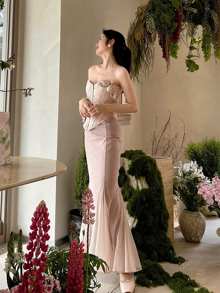 Nude Pink Vintage Bustier Flowers Satin Boned Corset Top