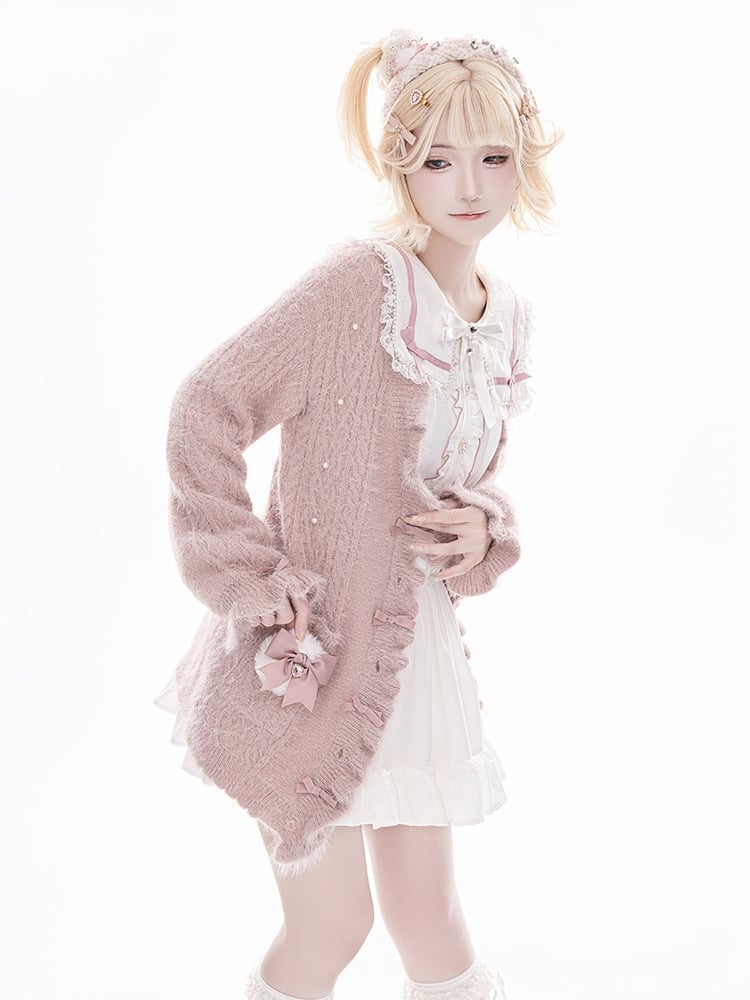 Jirai Kei – Weiche Strickjacke im Landminenstil mit staubigem Rosa und Schleifenakzenten
