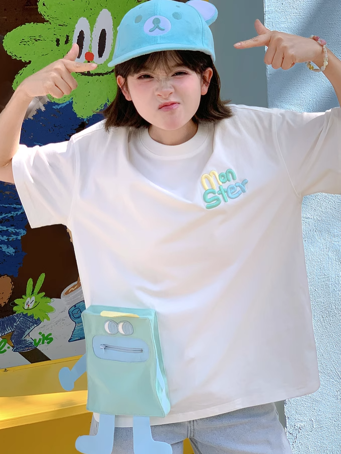 T-shirt Blue/Pink Neck Loose Cartoon Pocket White Round