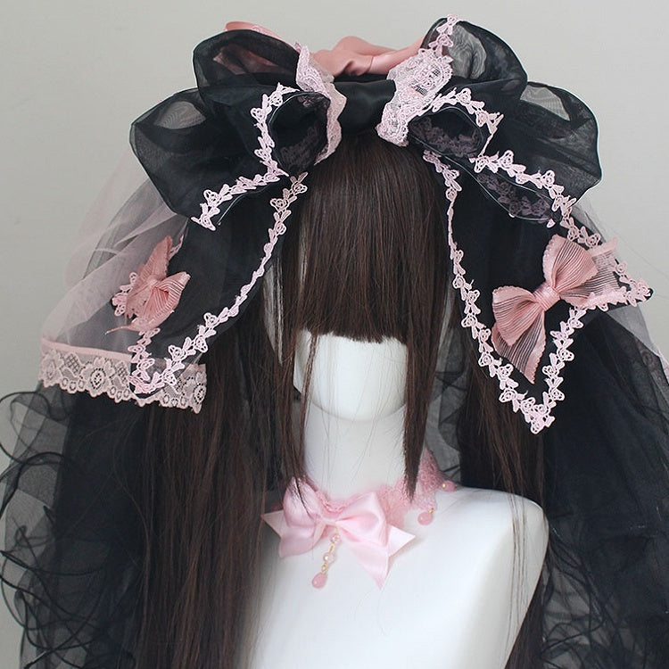 Nœud papillon noir et rose en dentelle KC avec voile