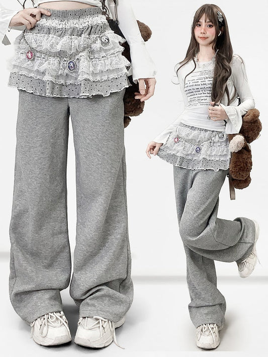 Polka-dot Hosenbesatz Y2K + Spitzenrock Stufenschnitt Bittersüßes Muster Grau Weites Bein