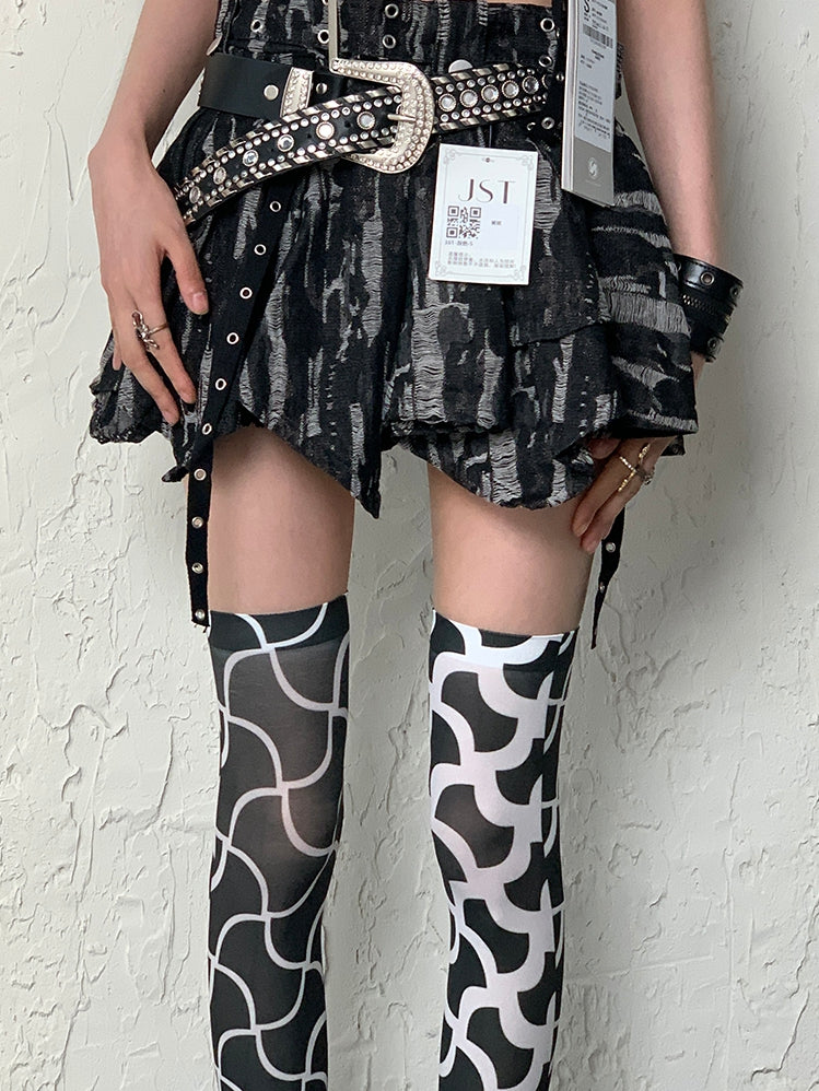 BlackWhite Overknee Y2K Design Asymmetrical Stockings