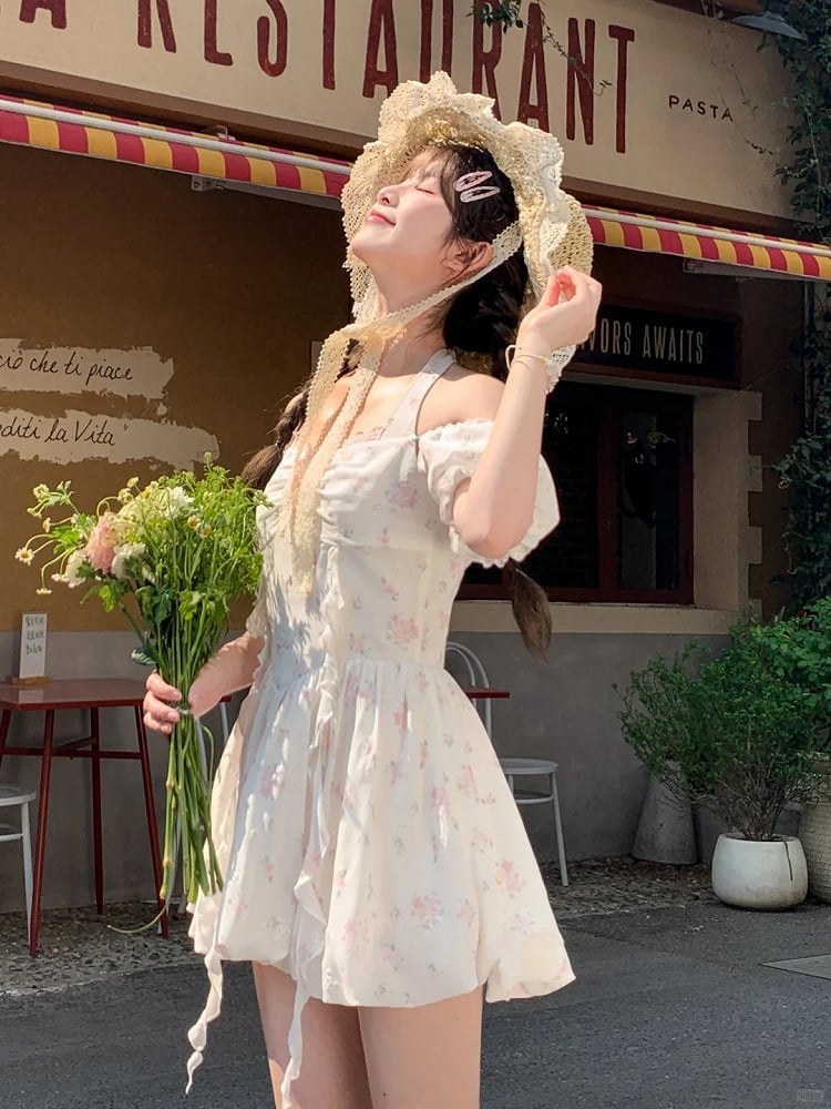 Waist Sweet White Puff Sleeves Basque Halter Neck Floral Dress