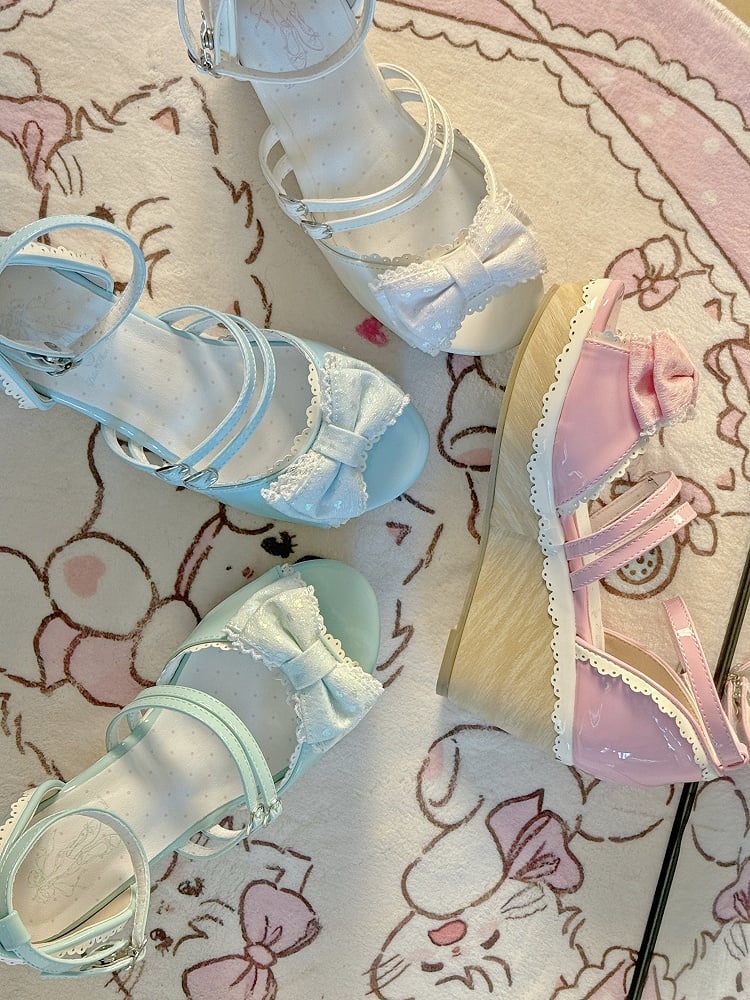 Wedges Sweet at School Bow Top Lolita Sandals Mint Old Green