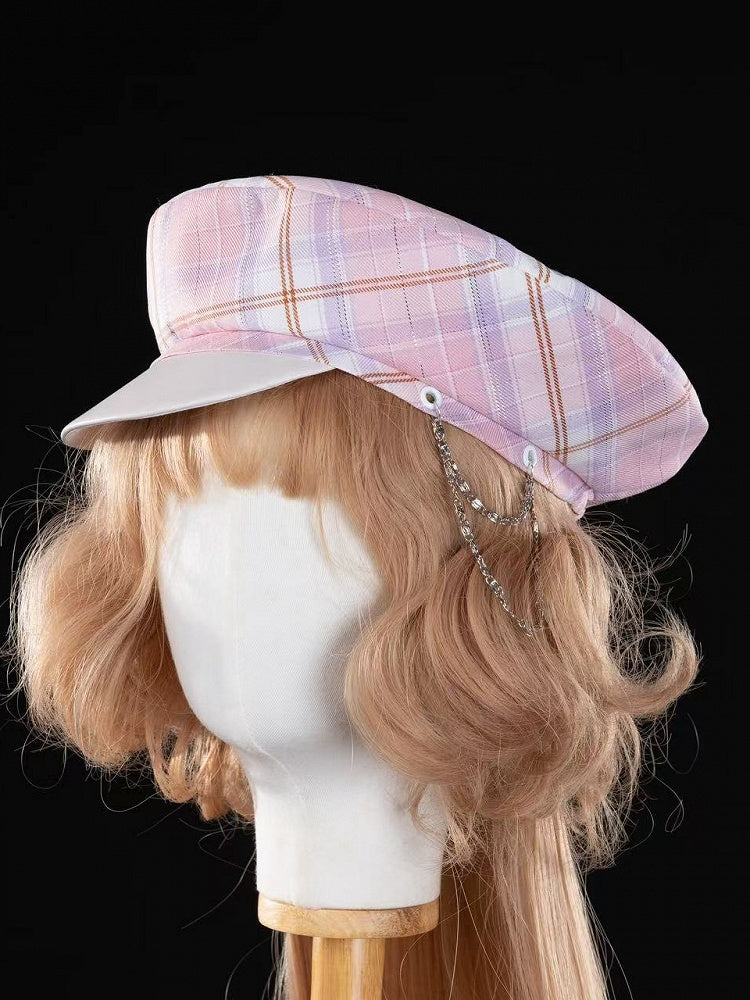 Beret Blue Pink Pattern Plaid Gold /