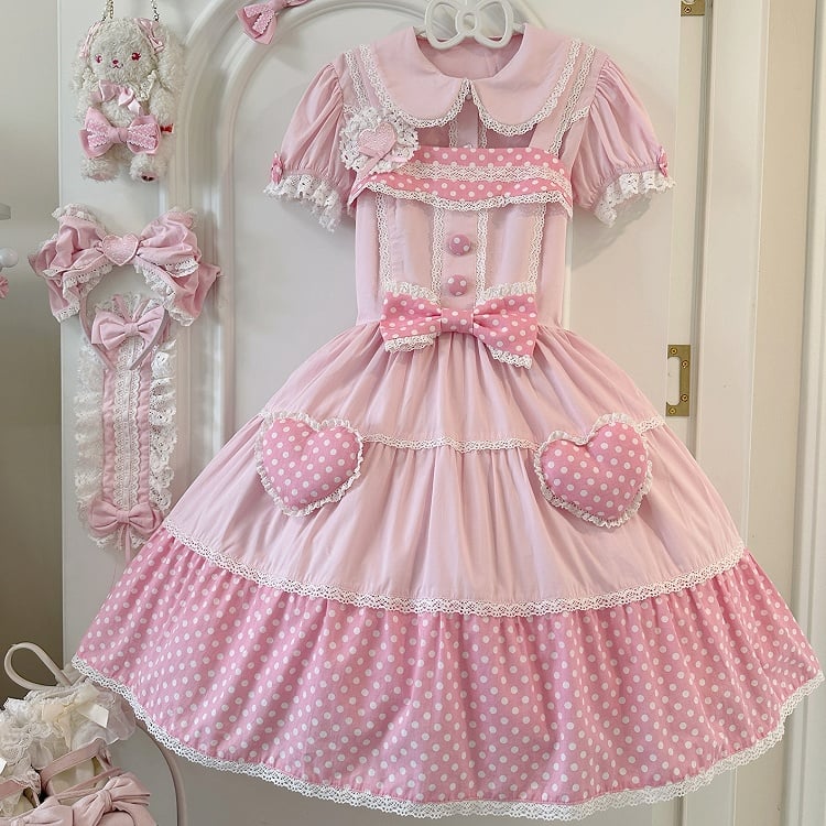 Cotton Old Polka Pink Dots School Dress Lolita White