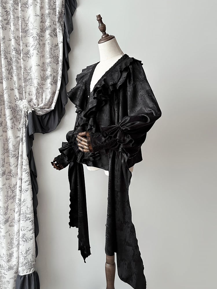 Black Structured Ruffles V-neck Gothic Lolita Long Sleeves Shirt