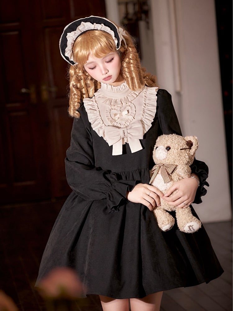 Beige Ruffle Neckline Black High Waist Long Balloon Sleeves Lolita Dress Short Version