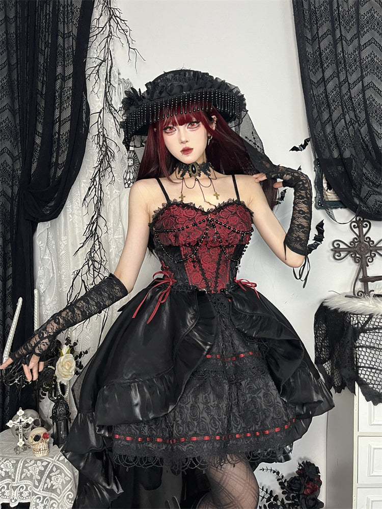 Schwarz-rote Rosenperlenkette Gothic Lolita Puffy Kleid Pulloverrock