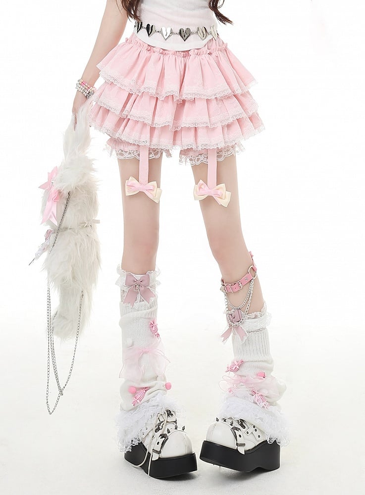 Glamorous Red/Pink/Black Bowknot Y2K Trim Detachable Lace Tiered Skirt with