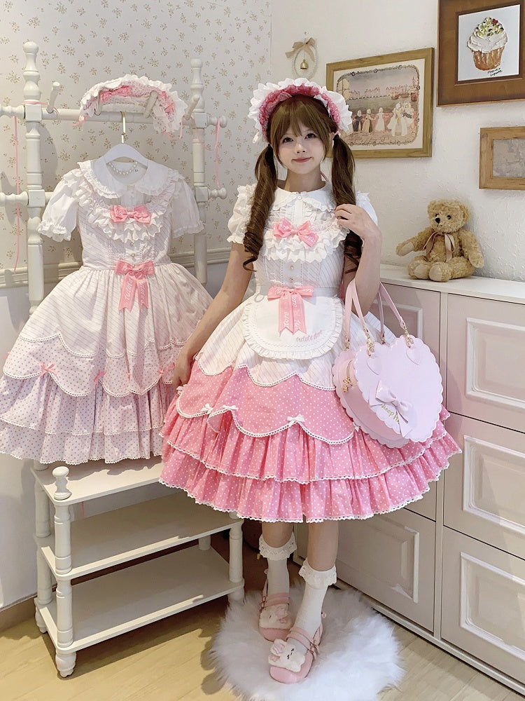 Lolita Old School Pattern Dots Pink Polka and Stripes Jumper Dress Skirt