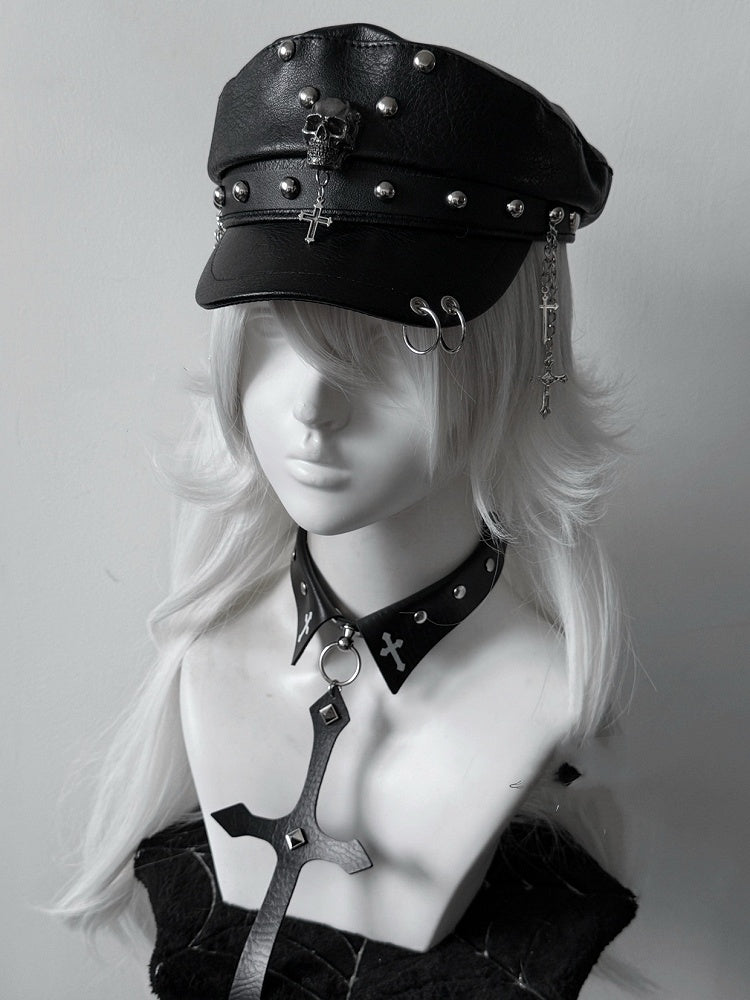 Nietenhut Y2K Kreuz Charm Punk Schwarz PU