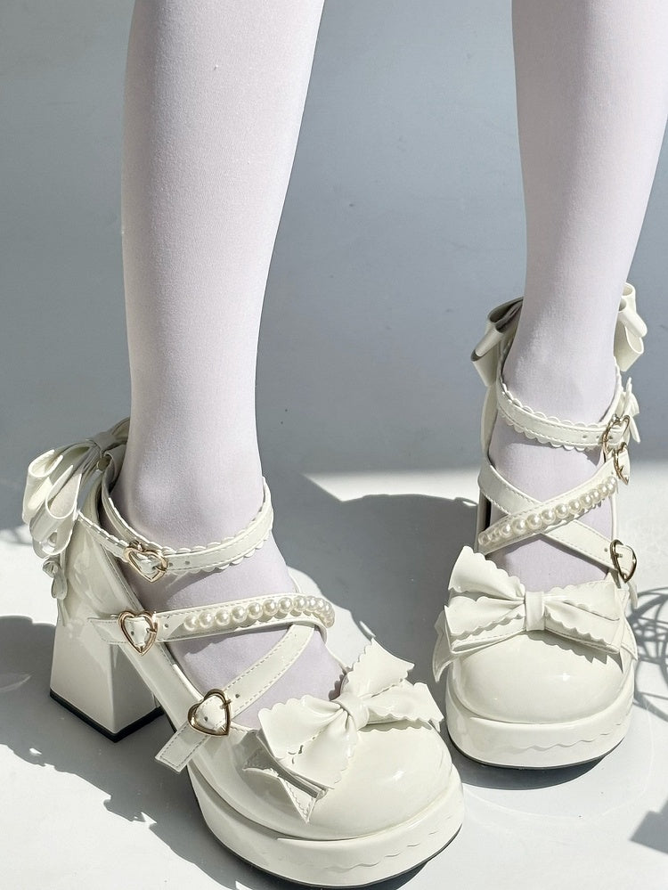 Platform Mary Block with Straps Crisscross - Janes Heel Buckle High Sweet Lolita White Heart Beaded