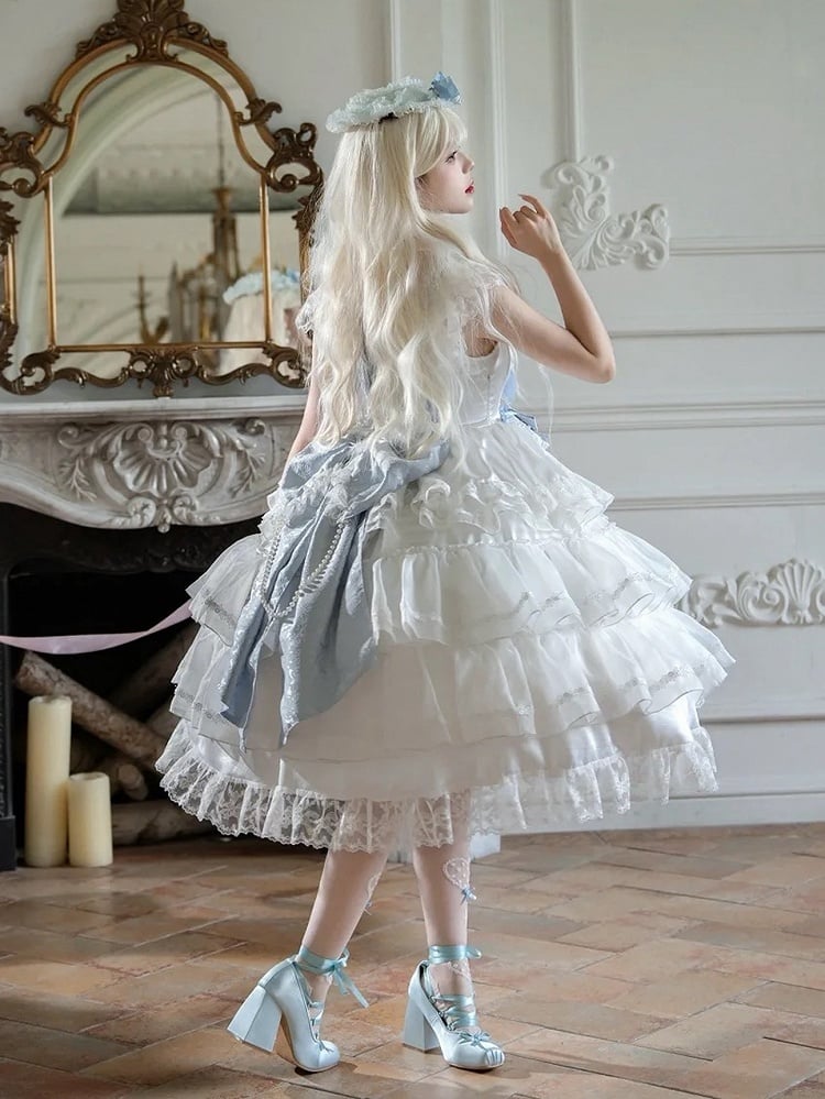 Bows and Skirt Decoration Dress Full Tiered Set Hanayome Blue White Lolita JSK Hime