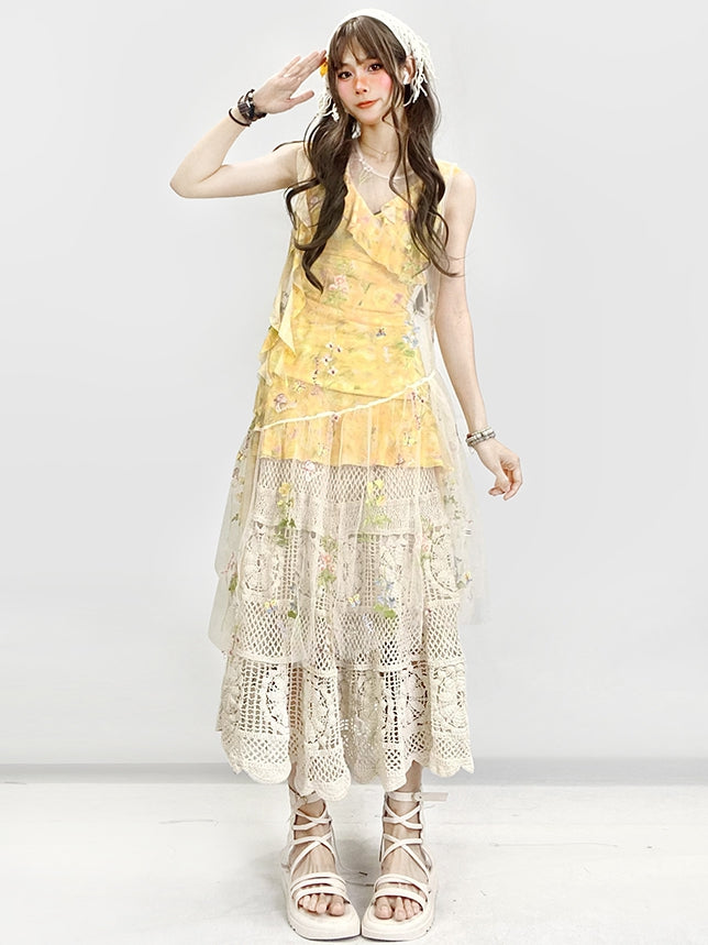 Floral Dress White Asymmetrical Yellow Beige Holiday Set- Sheer Embroidery + Skirt Hem