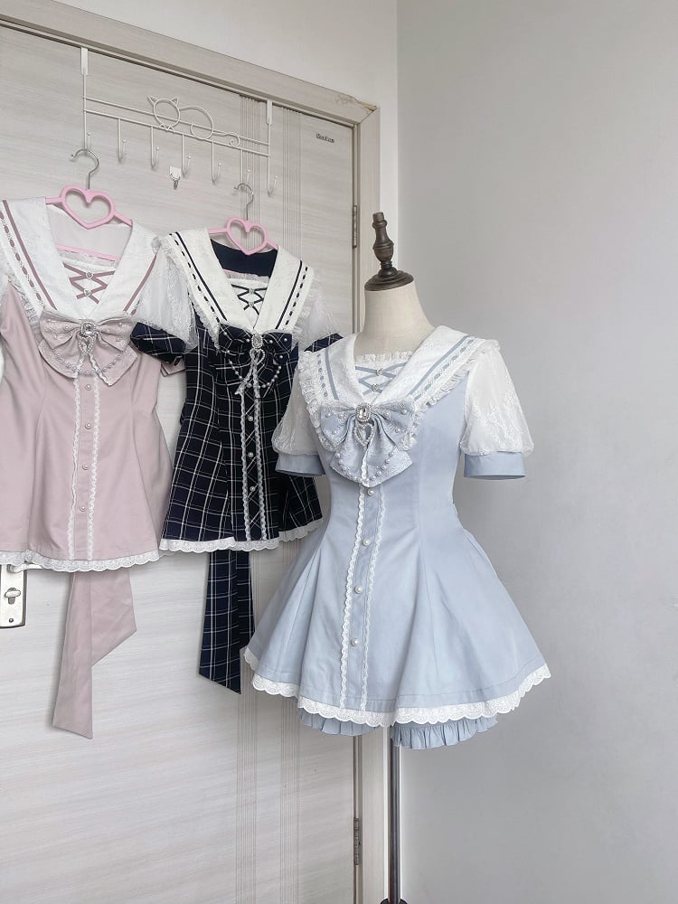 Set Pink/Light Blue Bow Shorts Back Sailor Collar Self-tie Mini Dress + Ruffled Light Hem Jirai Kei