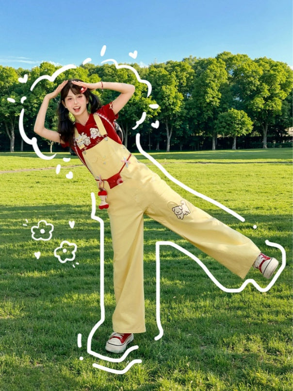Cut Cartoon Puppy Embroidery Straight-leg Yellow Overall Pants