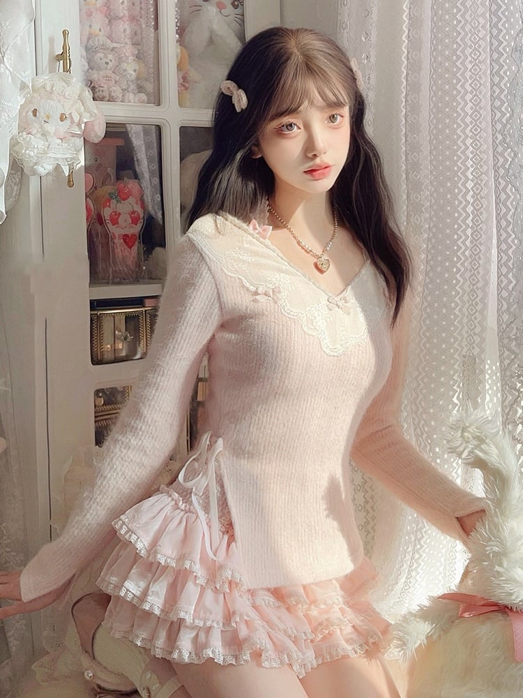 Pink Knit Sweater With Bow Accents and Playful Ribbon Detail Lace-Trimmed V-Neck