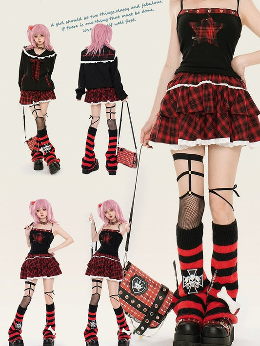 With Tiered Mini White Red Skirt Trim Plaid Lace Black