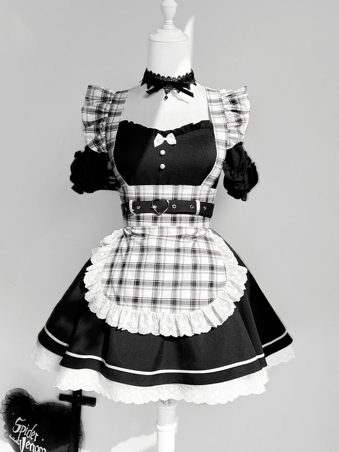 Shoulder Piece Lolita Maid One Set Cutout + Plaid Black Apron