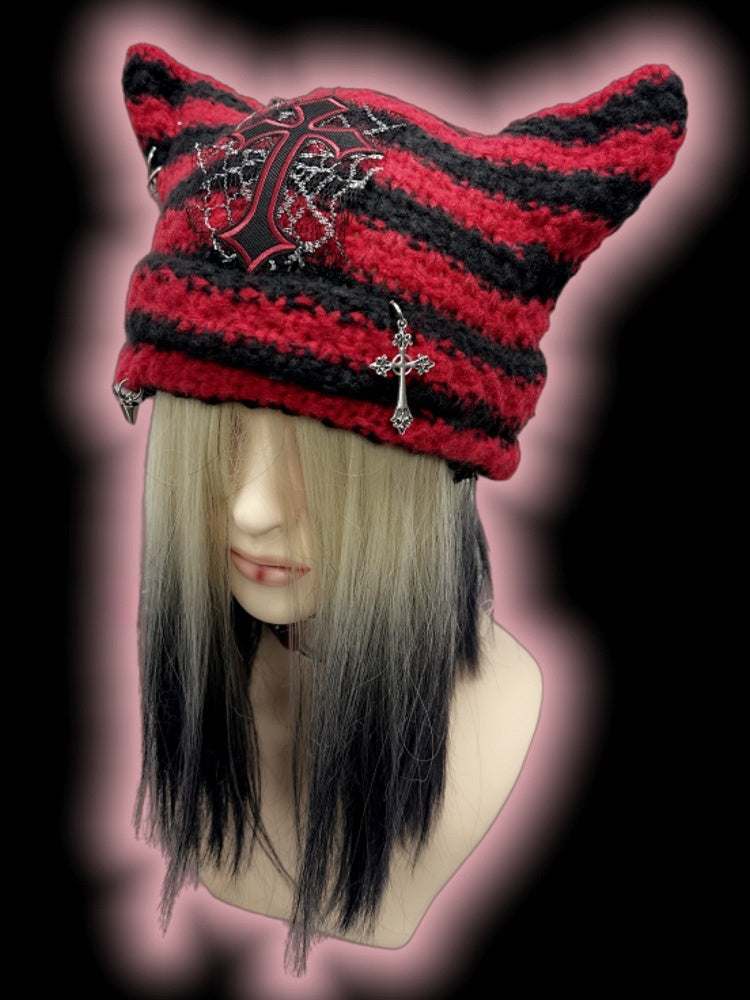Red and Black Cross Applique Studs Punk Cat Ears Striped Beanie