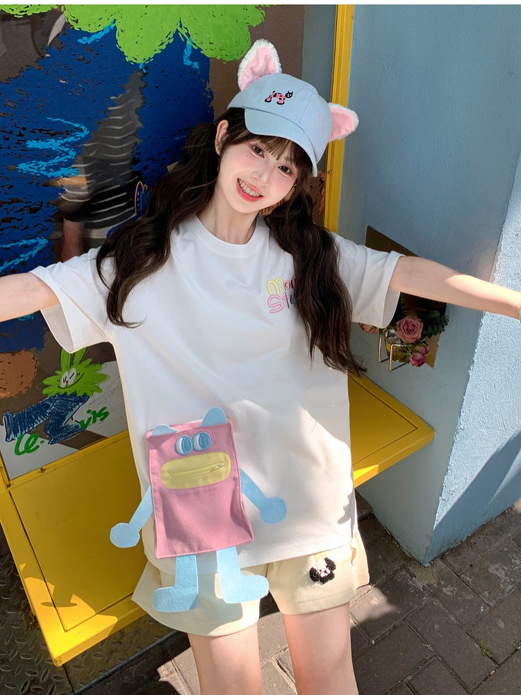 T-shirt Blue/Pink Neck Loose Cartoon Pocket White Round