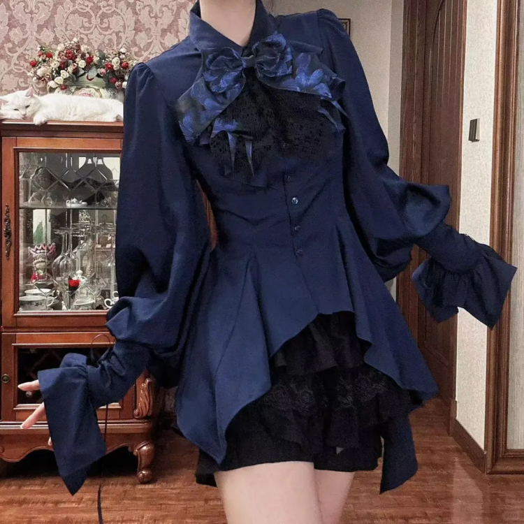 Dark Blue Gothic Ouji Lolita Long Sleeves Irregular Cascading Hemline Prince Shirt