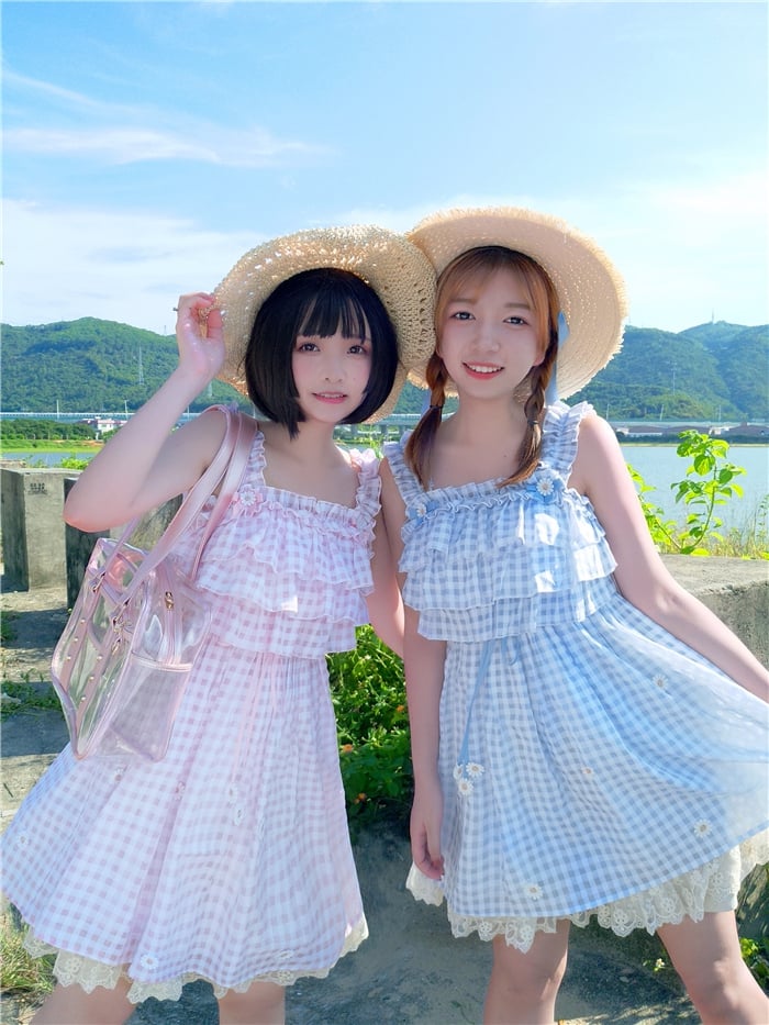 Pink Cottagecore Gingham Sundress Daisy Lace Trim Plaid Lolita Jumper Skirt