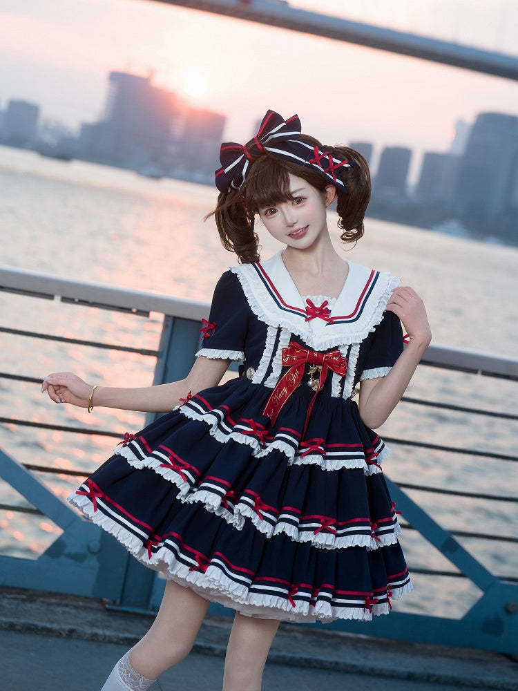 Lolita Dress Short Detachable Navy with Sleeves Blue Summer Sailor Collar