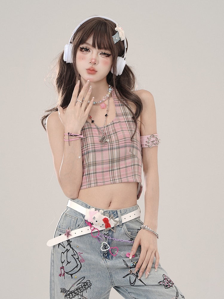 Halter Pink Plaid Delicate Top Crop Tank