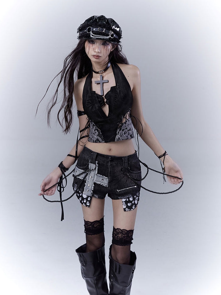 with Glamorous Lace-up Patches Details Lace Side Sleeveless Top Black Halter Neck