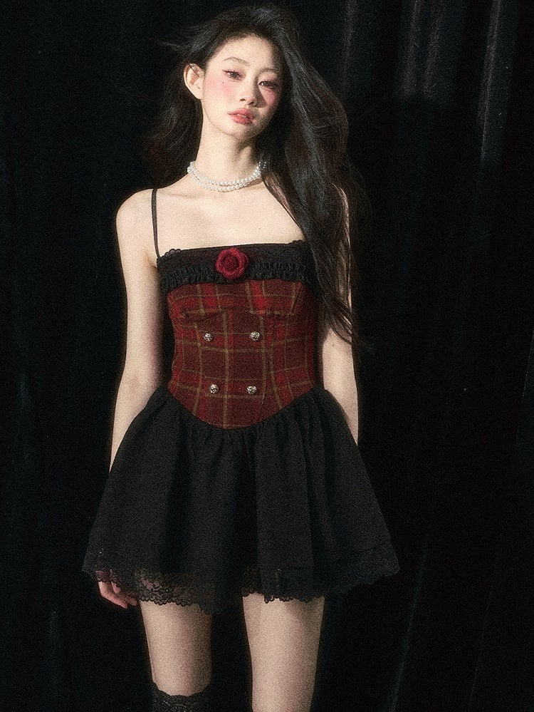 Christmas Red Floral Plaid Cami Dress with Plush Shawl Set
