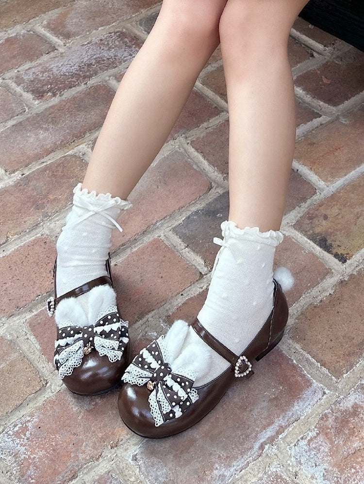 Lolita Bunny Schuhe Pom Mary Jane Braun Süß mit Ohren Schwanz