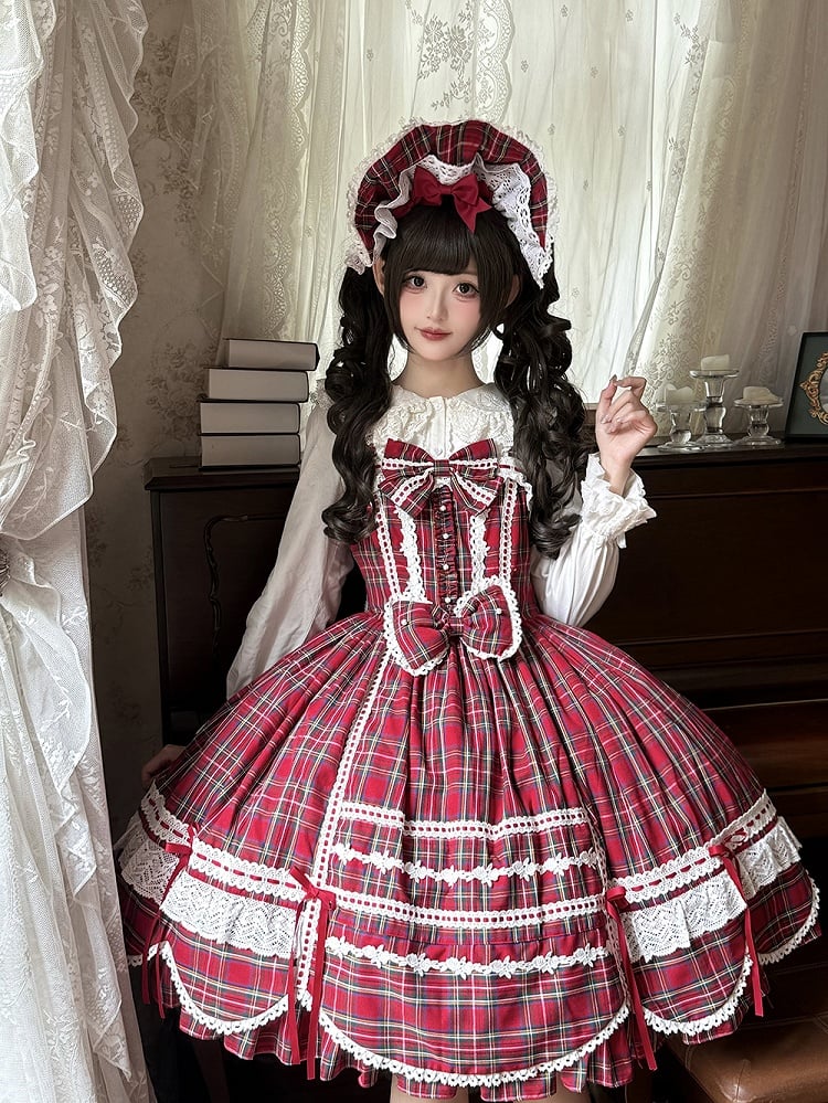 with Accents Skirt Scalloped Jumper Sweet Plaid Lolita Bow Edge Red Trim