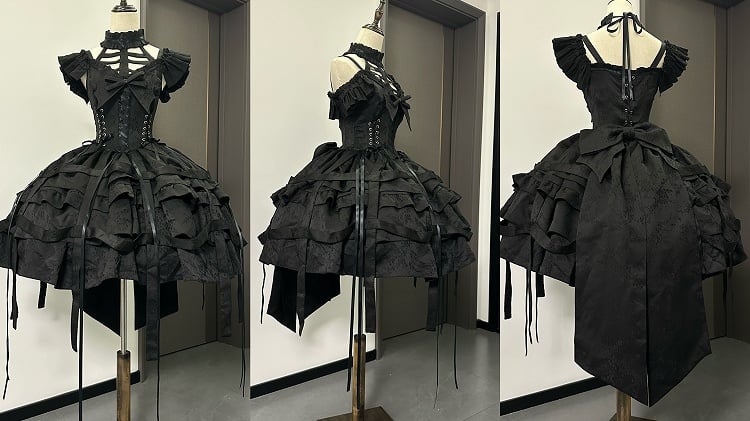 Bow Ovarlay and Gothic Dress Corset Big with Lolita Detachable Skirt Design Black Birdcage Waist Lace-ups