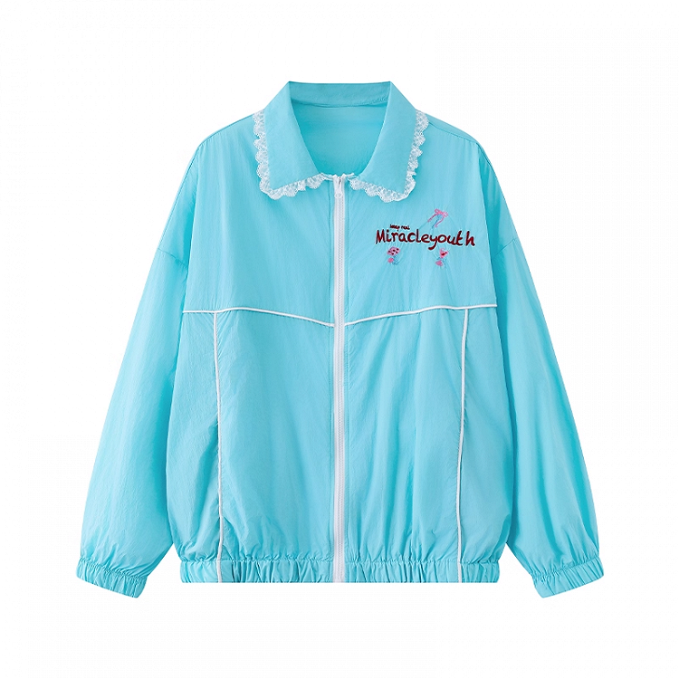 Hem Shirt Collar Elastic Cuffs and Zip-up Jacket Blue