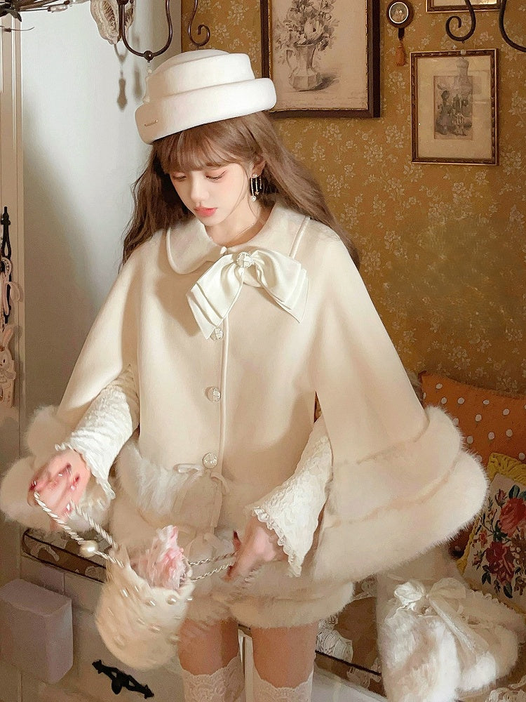 Faux Fleece Cloak White With Fur-Trimmed Bow Accents Creamy