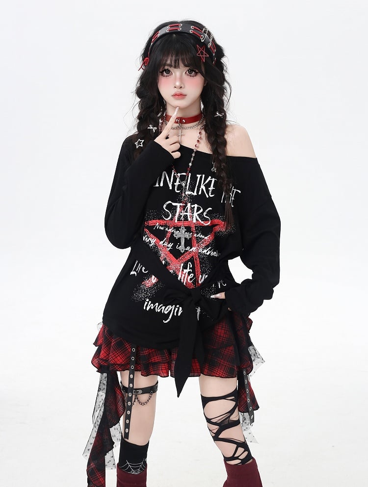 Top Schwarz Asymmetrischer Ausschnitt Star Graffiti Print Lose