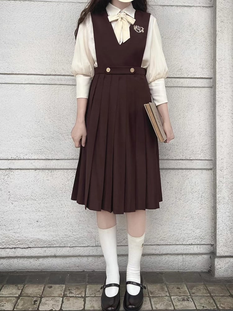 with 70cm Brown / Embroidery High Waist Box Pleat Overall Dress 65 Dove