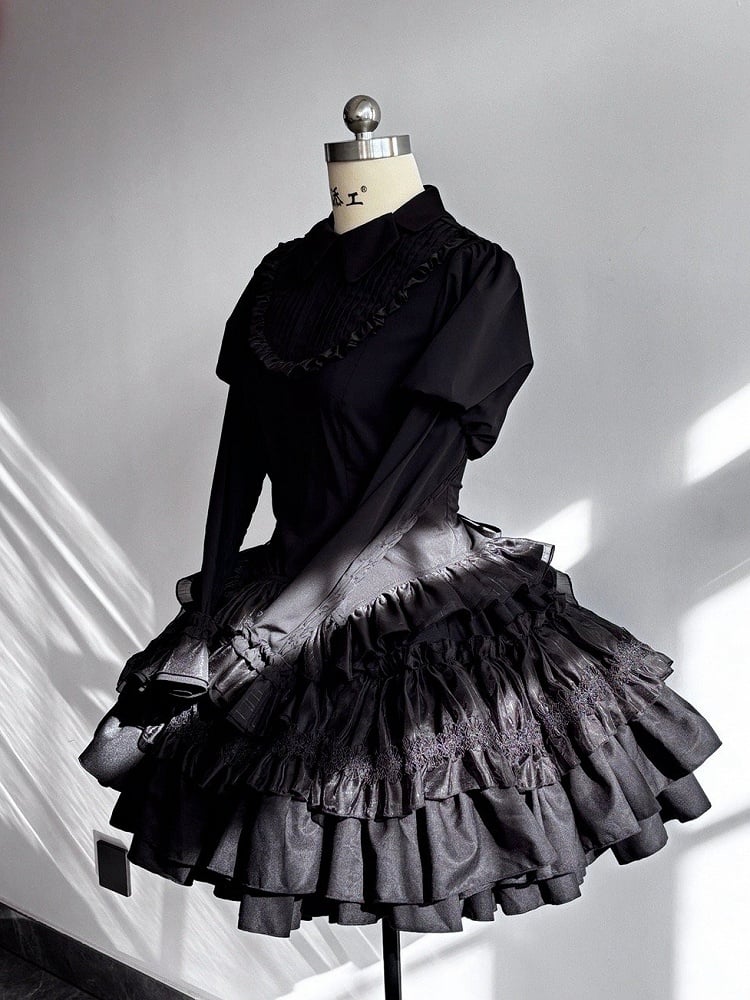 Black Gothic Lolita Tiered Ruffle Puffy Skirt