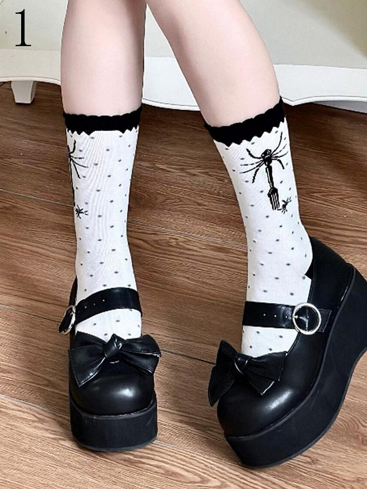 Spider Polka-dot Socks Lolita Calf Black Fork Pattern