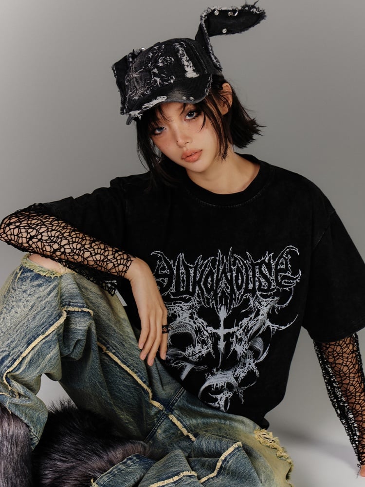 Black/White Faded Wash Cotton T-Shirt Distressed Punk Print Vintage