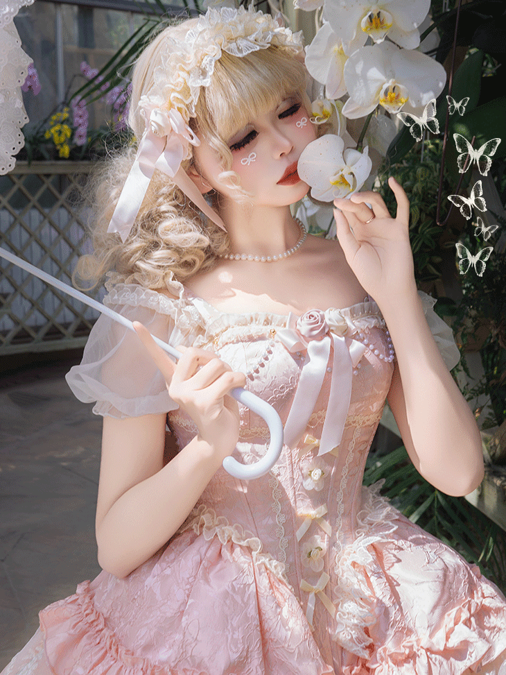 with JSK Big Bow Fabric Hime Lolita Balletcore Pink Boned Basque Waist Jacquard Train Puffy Dress
