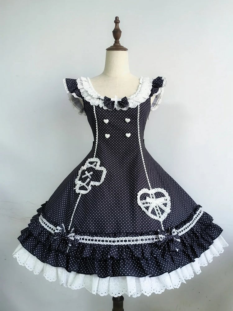 Polka-dot Ruffle Hemline Lolita Nurse Pattern Dress Layered Black