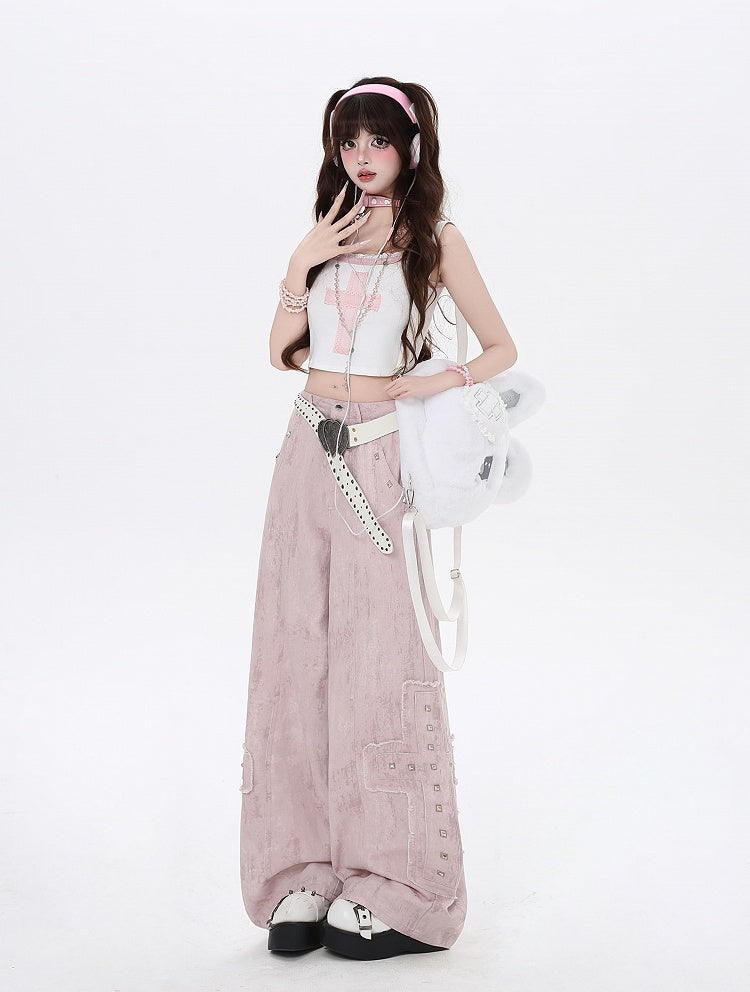 Pink Low Cross Appliques Wide-Leg Jeans Waist Studded Light