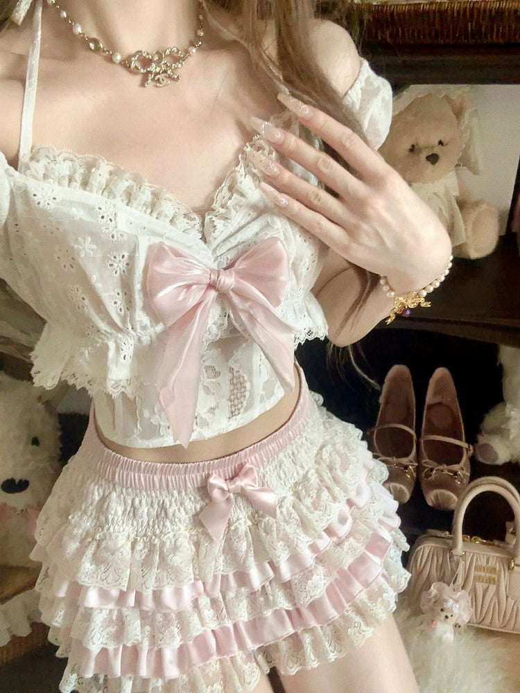 White Straps With Bow Pink Floral Embroidered Puff Sleeve Top Self-tie