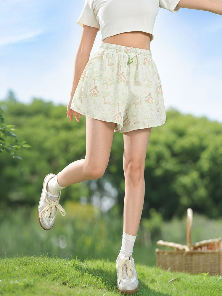 Drawstring Waist Wide-leg Shorts Adorable Bunny Print Green