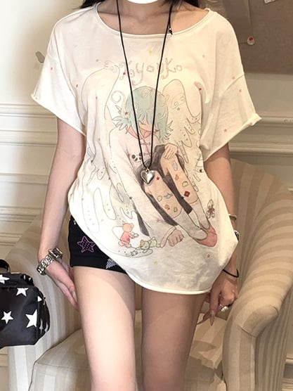 Cartoon Rundhals T-Shirt Engel Print Aprikose
